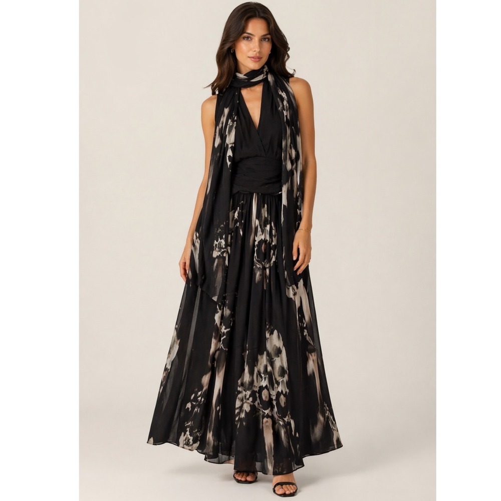 Elana Kattan Black Abstract Print Mesh Maxi‎ Dress SHAWL WRAP SET WOMEN Large